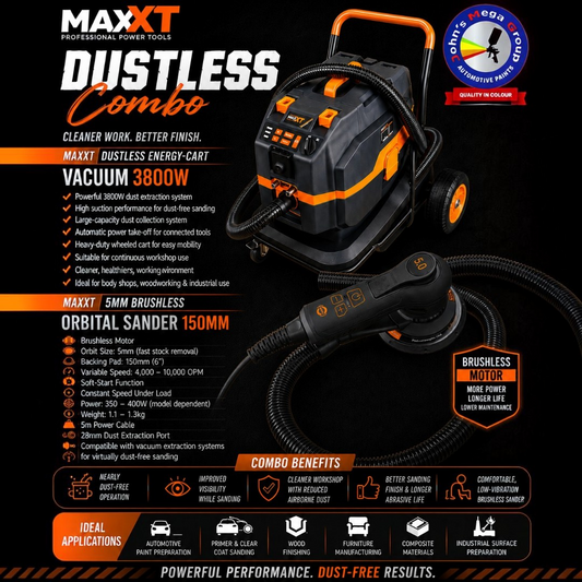 Maxxt Dustless Energy-Cart Vacuum 3800W & Maxxt 5MM Brushless Orbital Sander 150MM (COMBO)