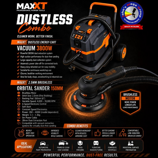 Maxxt Dustless Energy-Cart Vacuum 3800W & Maxxt 2.5MM Brushless Orbital Sander 150MM (COMBO)